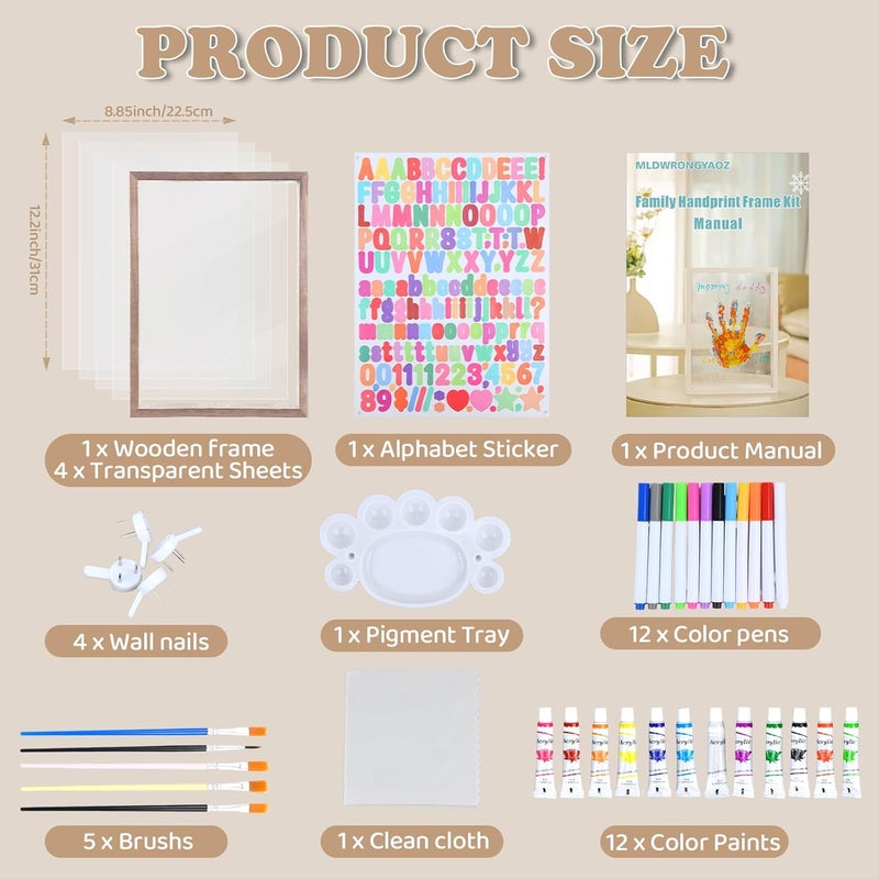 MLDWRONGYAOZ Family Handprint Frame Kit for 4 with 12 Colors &12 Pens,Fun DIY Craft Art Print Handprint Keepsake, Family Gifts for Christmas Mother's Father's Day Birthday Anniversary,Grandparent (Brown) - Image 3